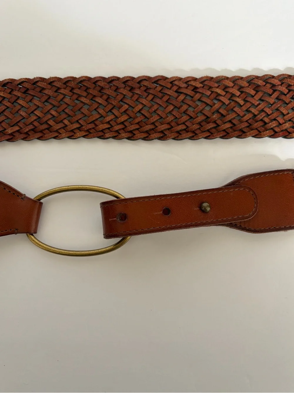 Lucky Brand Brown Leather Braided Belt Brass D Ring Loop Buckle Boho L/XL